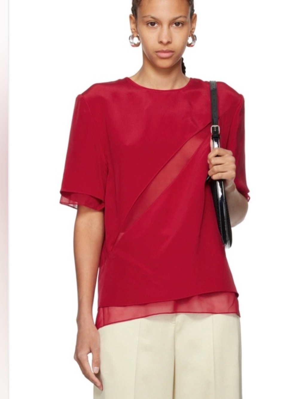 PETER DO Red Short-Sleeve Sheer Diagonal Inset Blouse